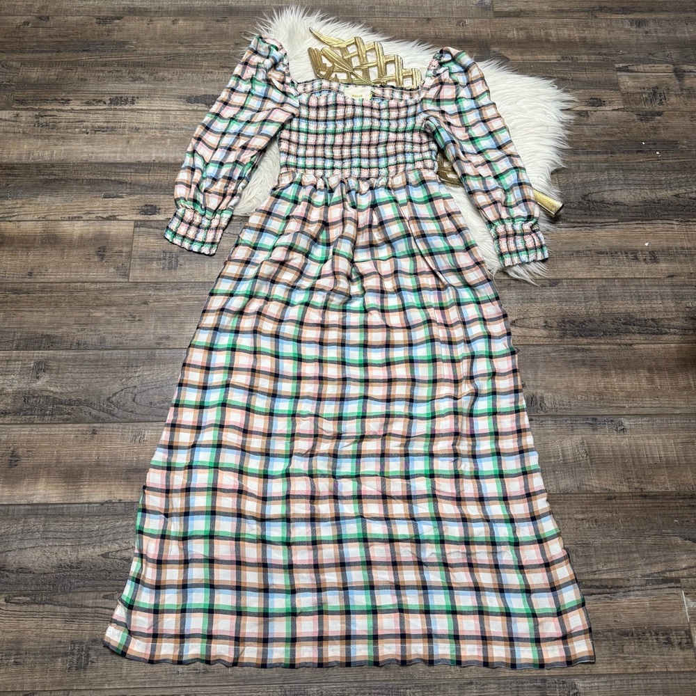 Anthropologie Maeve Cerie Smock Plaid Midi Dress